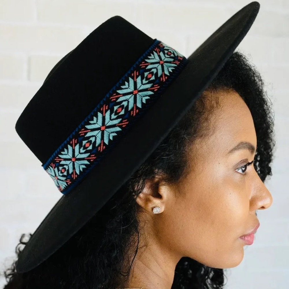 Black Wide-Brim Hat with Embroidered Band